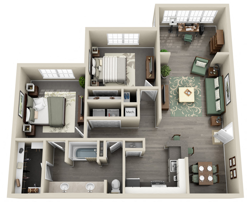 Floor plan for 2 beds, 1 bath, 1080 sqft